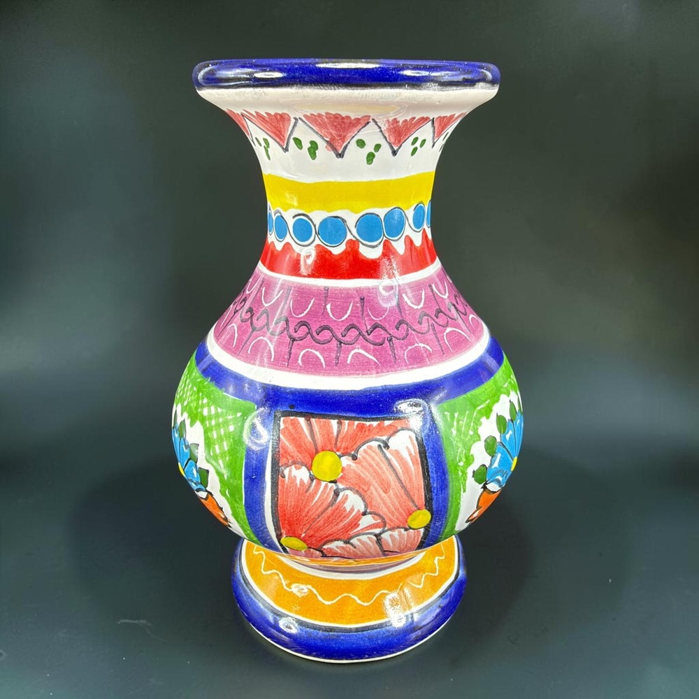 Arte Cruz Talavera Mexico Hand Painted Floral Pottery Bud Vase 4 inch Vessel VTG